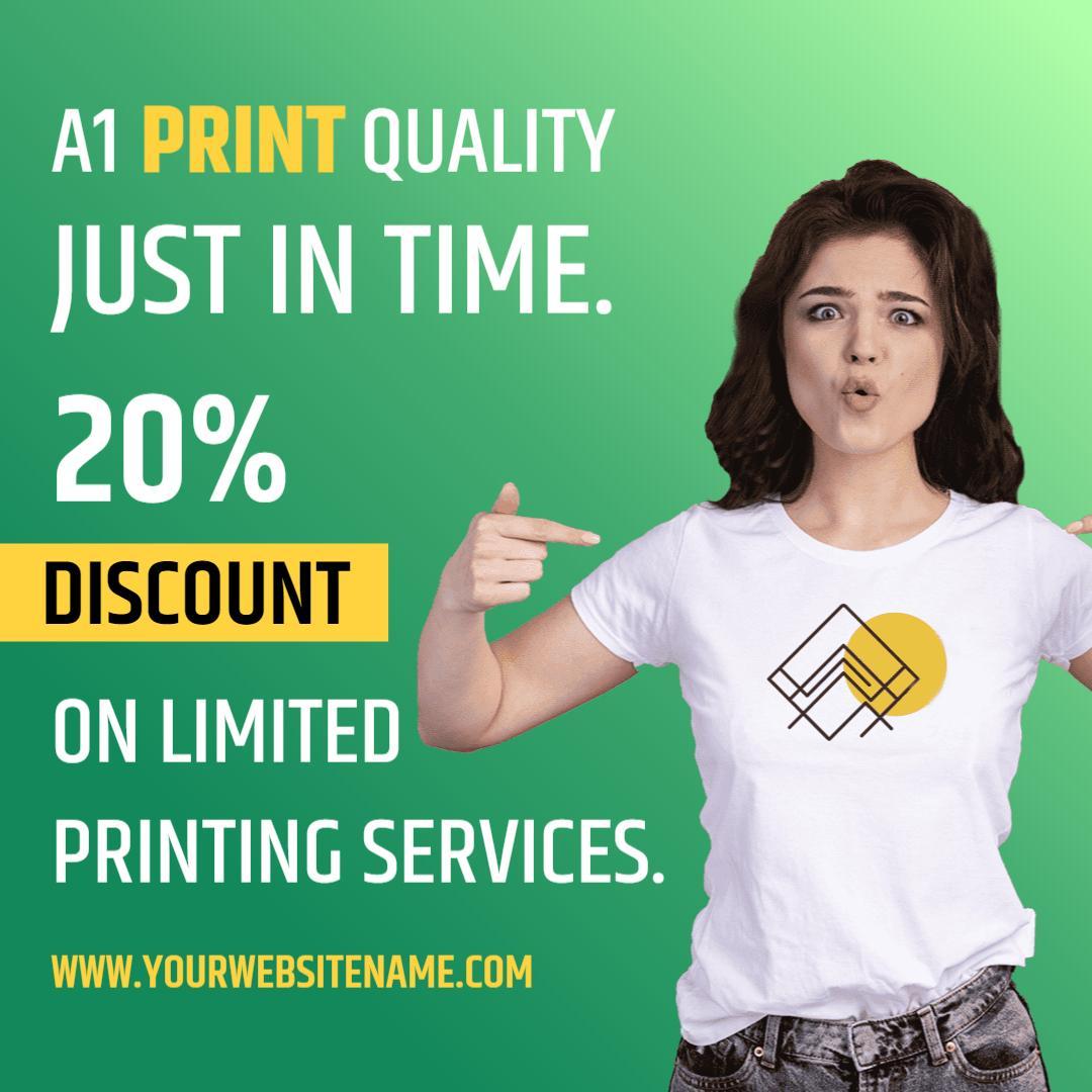 Vibrant Green Promotional 20% Discount on Printing Services Ad Template