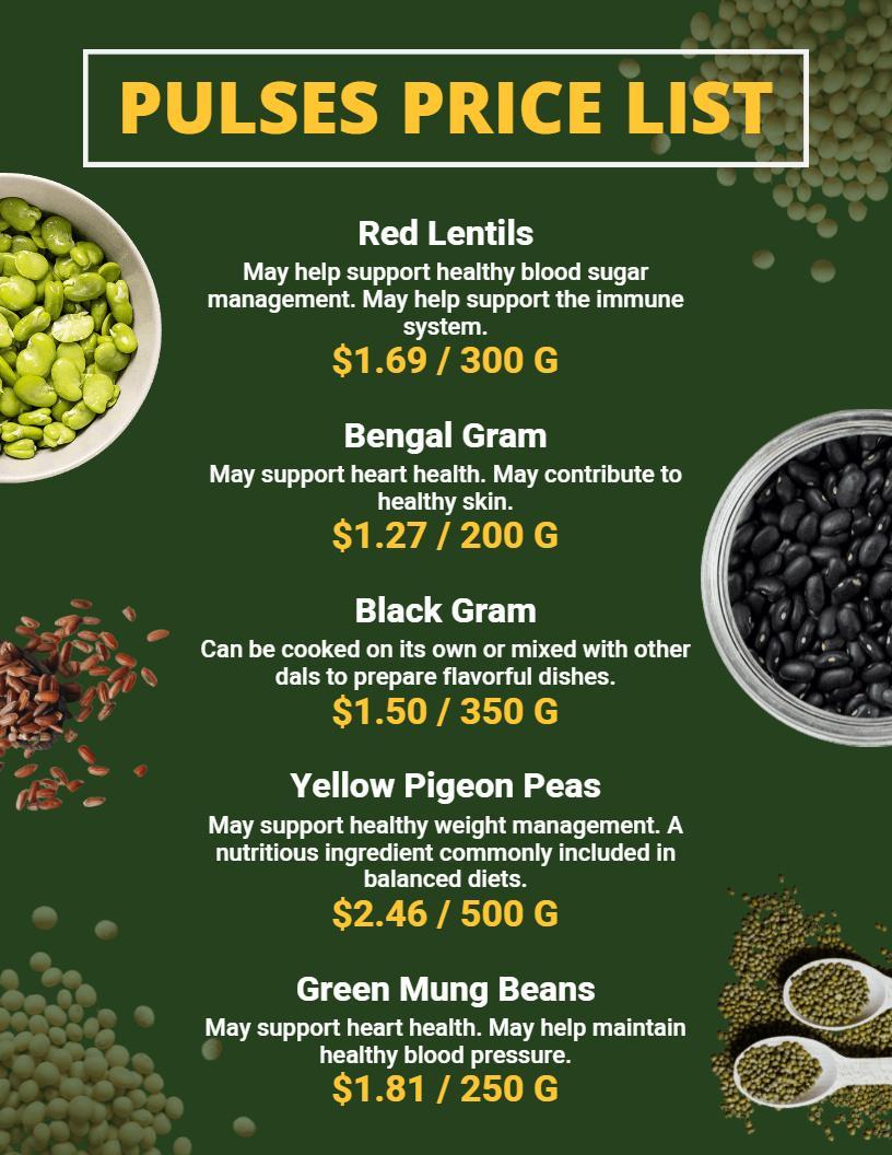 Vibrant Green Pulses Selection Nutrition Price List Template