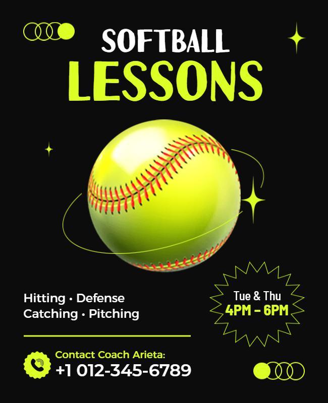 Vibrant Green Softball Sports Lessons Poster Template