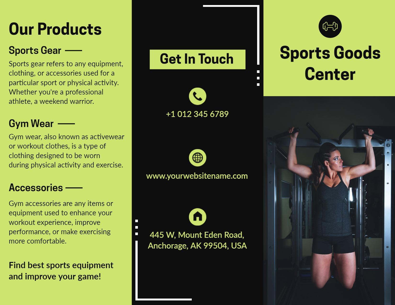 Vibrant Green Sports Goods Center Gear and Accessories Tri Fold Brochure Template