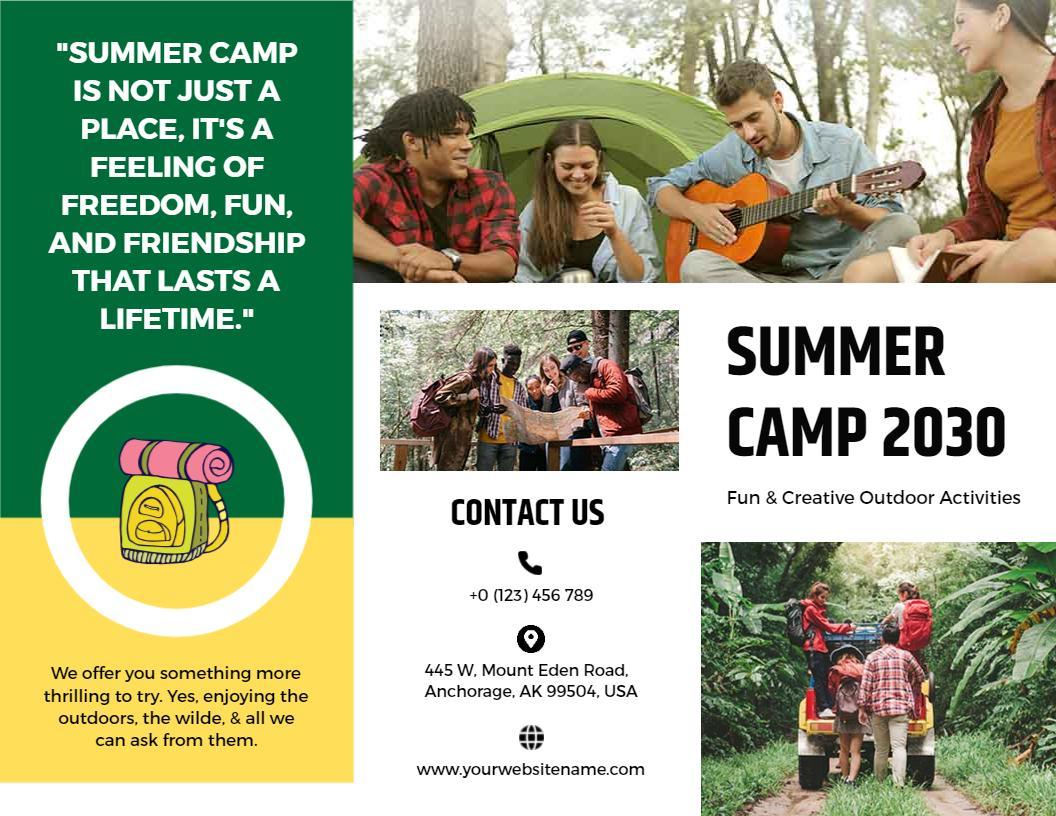 Vibrant Green Summer Camp Outdoor Adventures Brochure Template