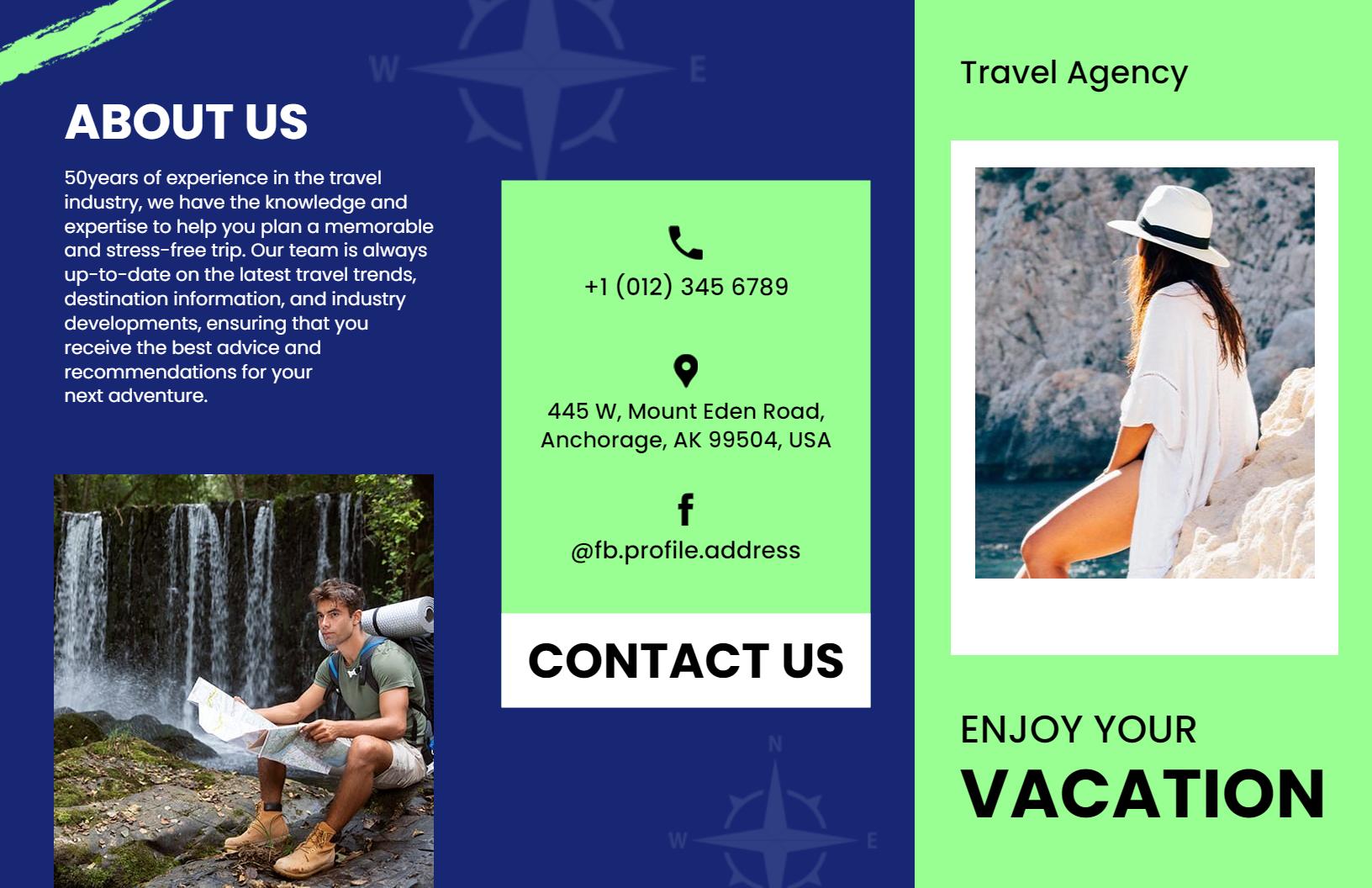 Vibrant Green Travel Agency Services and Vacation Planning Brochure Template