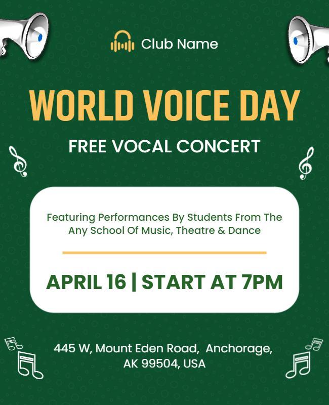 Vibrant Green World Voice Day Free Vocal Concert Poster Template