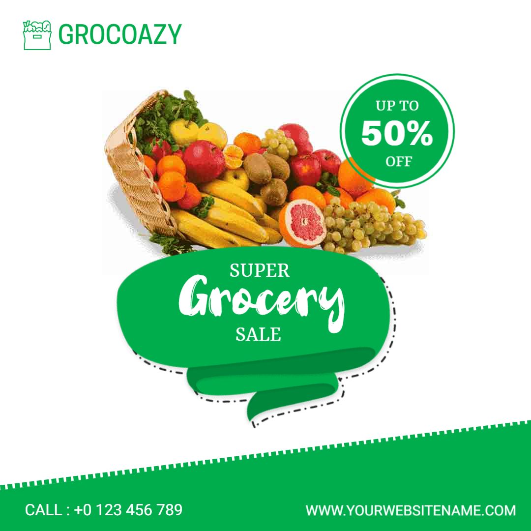 Vibrant Grocery Sale with Fresh Fruit Basket Promotion Ad Template