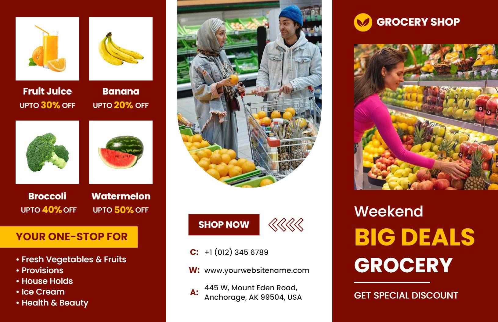 Vibrant Grocery Shop Weekend Deals on Fruits and Vegetables Brochure Template