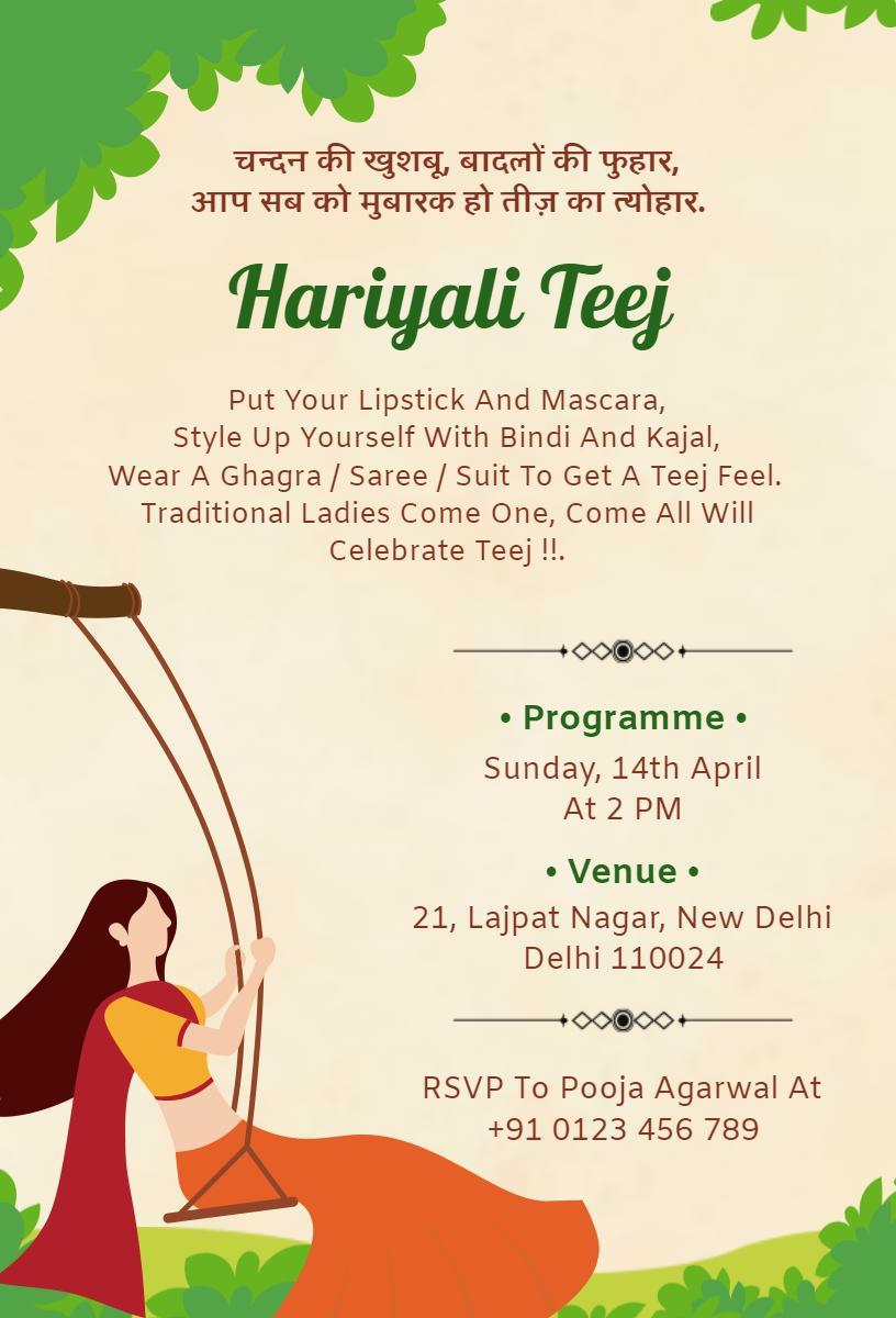 Vibrant Hariyali Teej Traditional Celebration Invitation Template