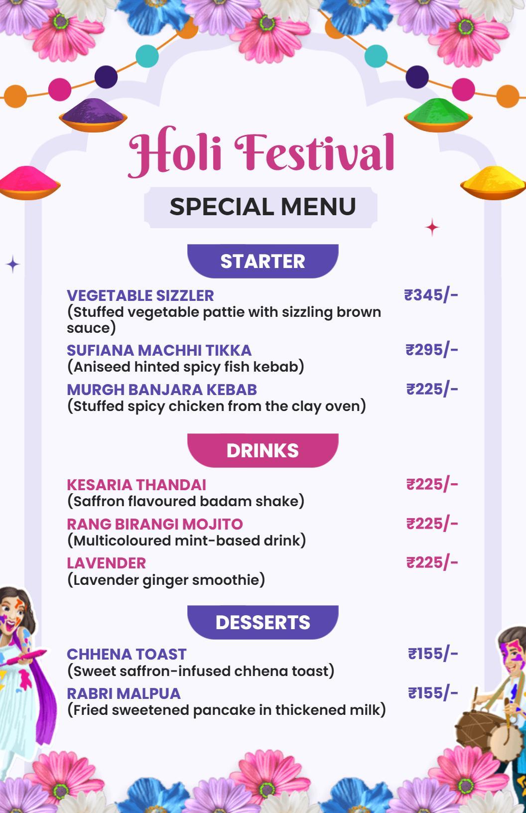Vibrant Holi Celebration with Traditional Dishes Menu Template