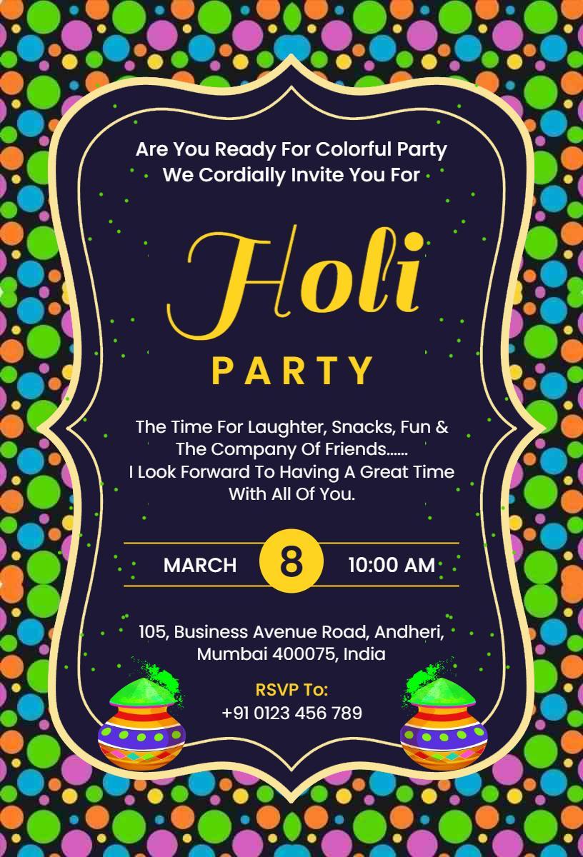 Vibrant Holi Colorful Festival Celebration Invitation Template