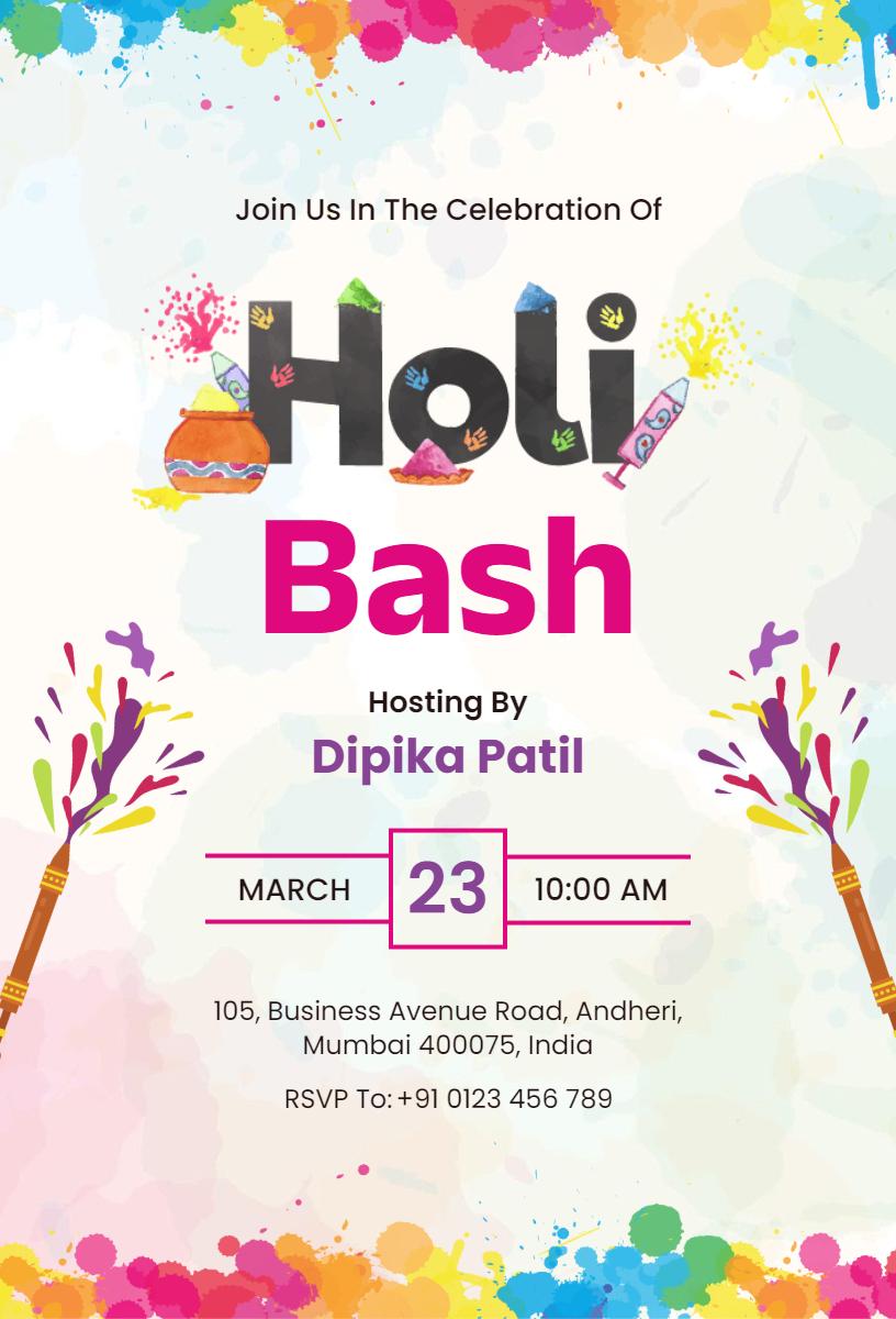 Vibrant Holi Festival Celebration Bash Invitation Template