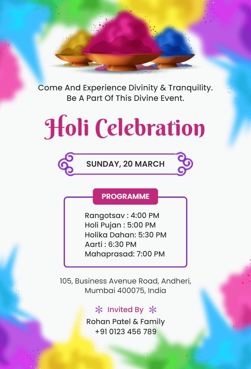 Vibrant Holi Festival Celebration Invitation Template