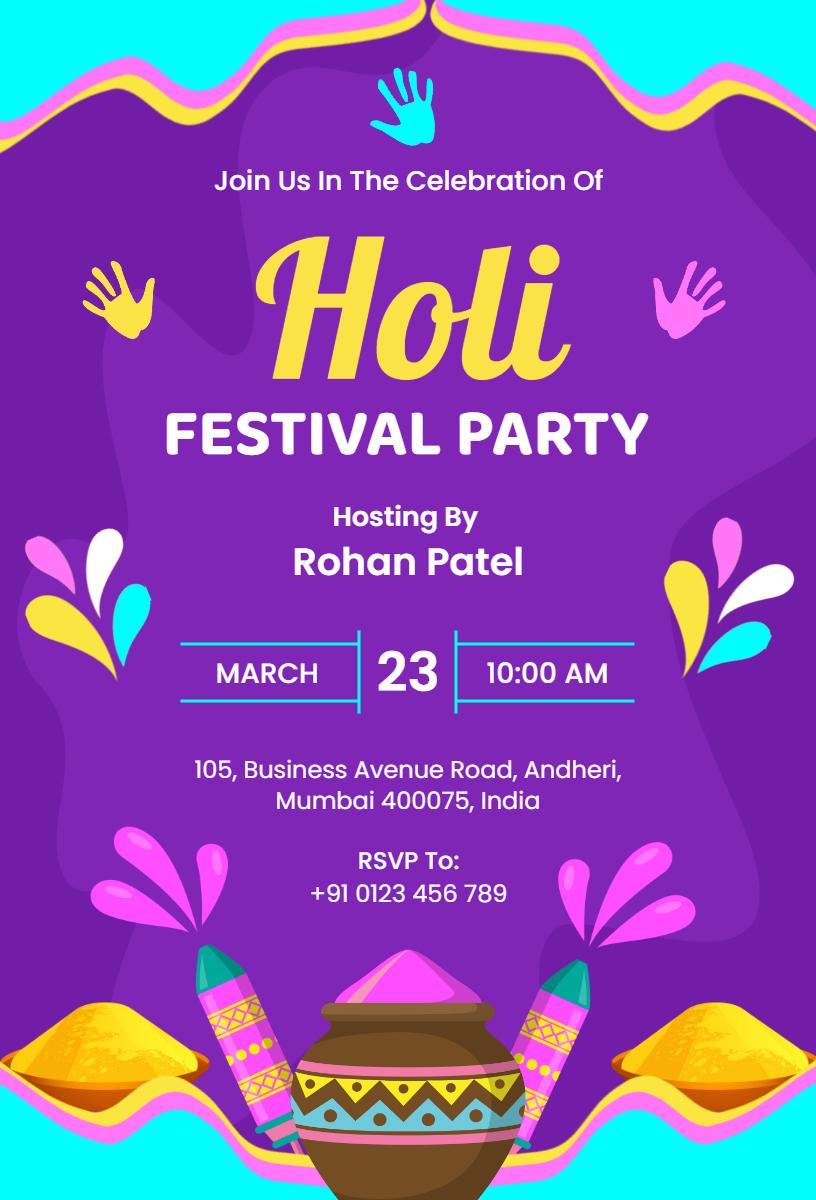 Vibrant Holi Festival Celebration Party Invitation Template