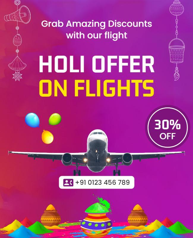Vibrant Holi Festival Flight Discount Offers Poster Template