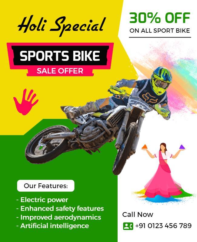 Vibrant Holi Festival Sports Bike Sale Offer Poster Template