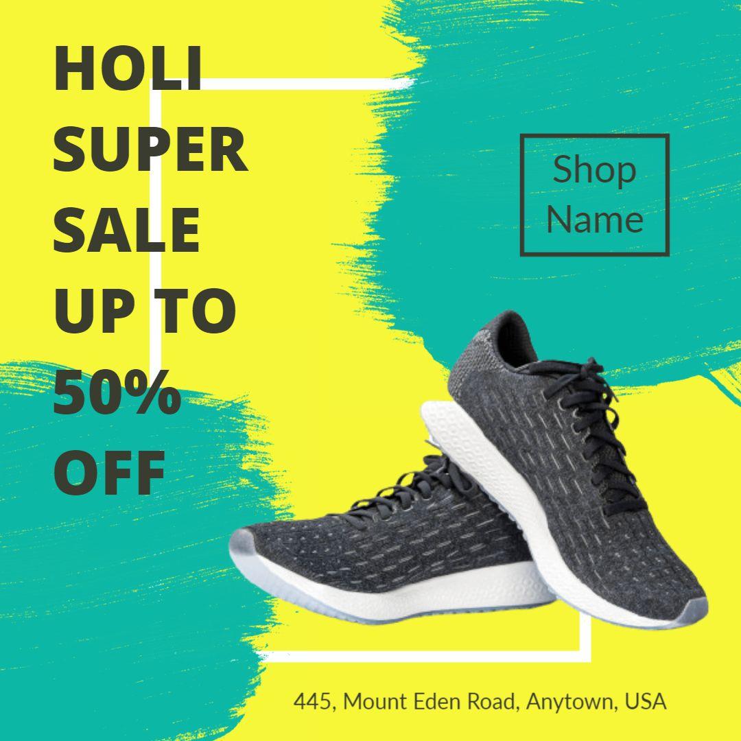 Vibrant Holi Sale on Athletic Shoes with Bold Discounts Ad Template