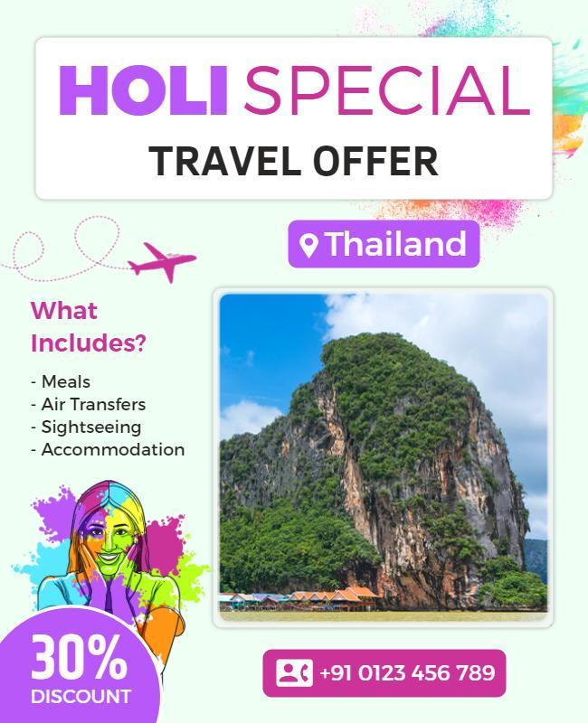 Vibrant Holi Special Travel Promotion for Thailand Poster Template