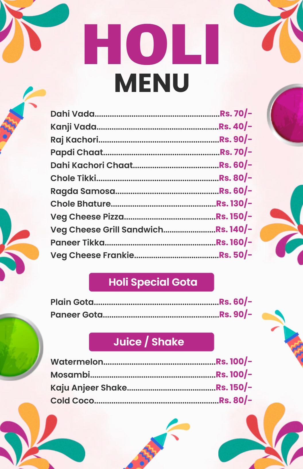 Vibrant Holi Theme Color Splash Menu Template