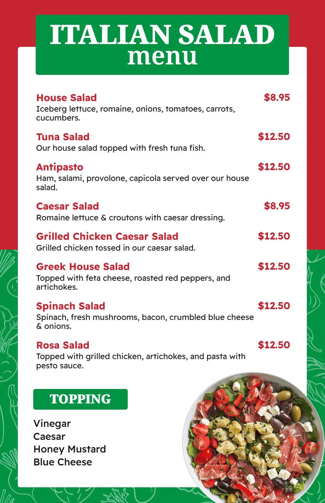 Vibrant Italian Style Caesar and Tuna Salad Menu Template