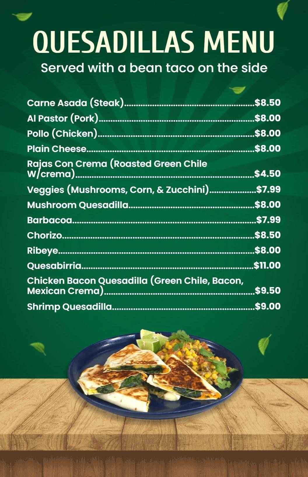 Vibrant Leafy Green Mexican Quesadilla Menu Template