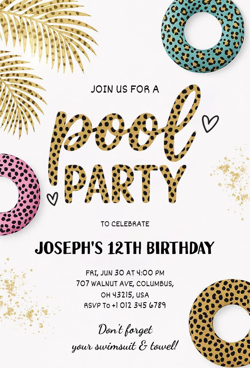 Vibrant Leopard Print Pool Party Birthday Invitation Template