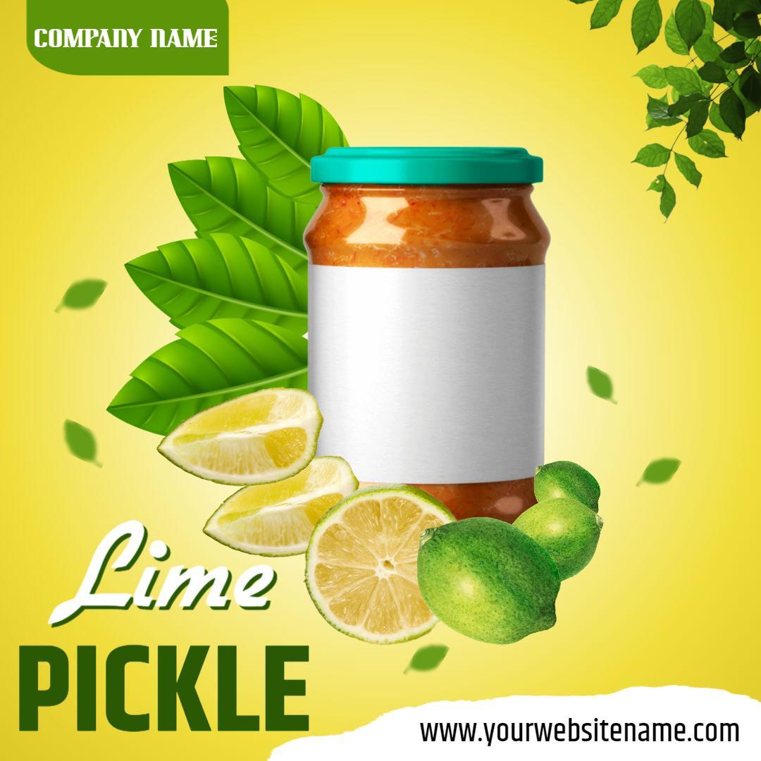 Vibrant Lime Pickle with Fresh Lemons and Green Leaves Ad Template