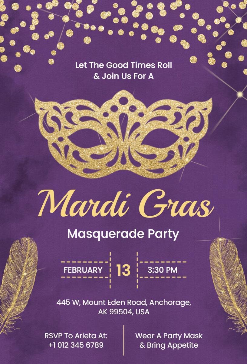 Vibrant Mardi Gras Masquerade Party Celebration Invitation Template