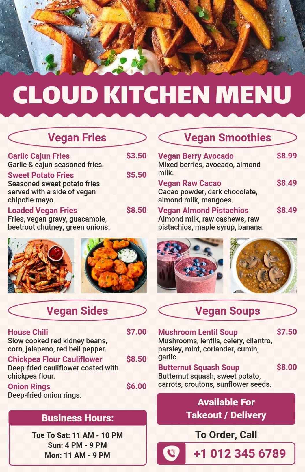 Vibrant Maroon Cloud Kitchen Sides and Soups Menu Template