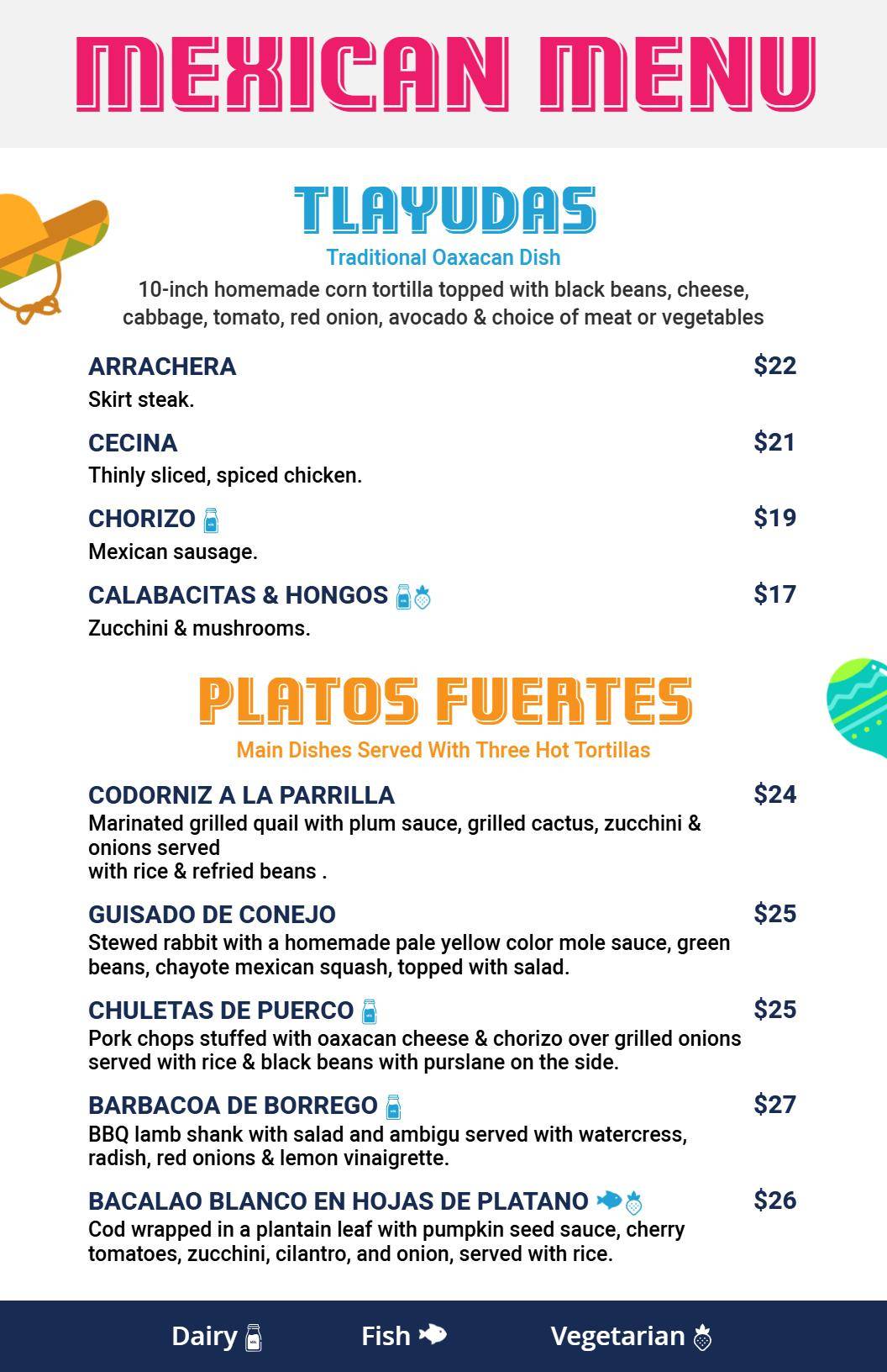 Vibrant Mexican Appetizers and Salads Menu Template