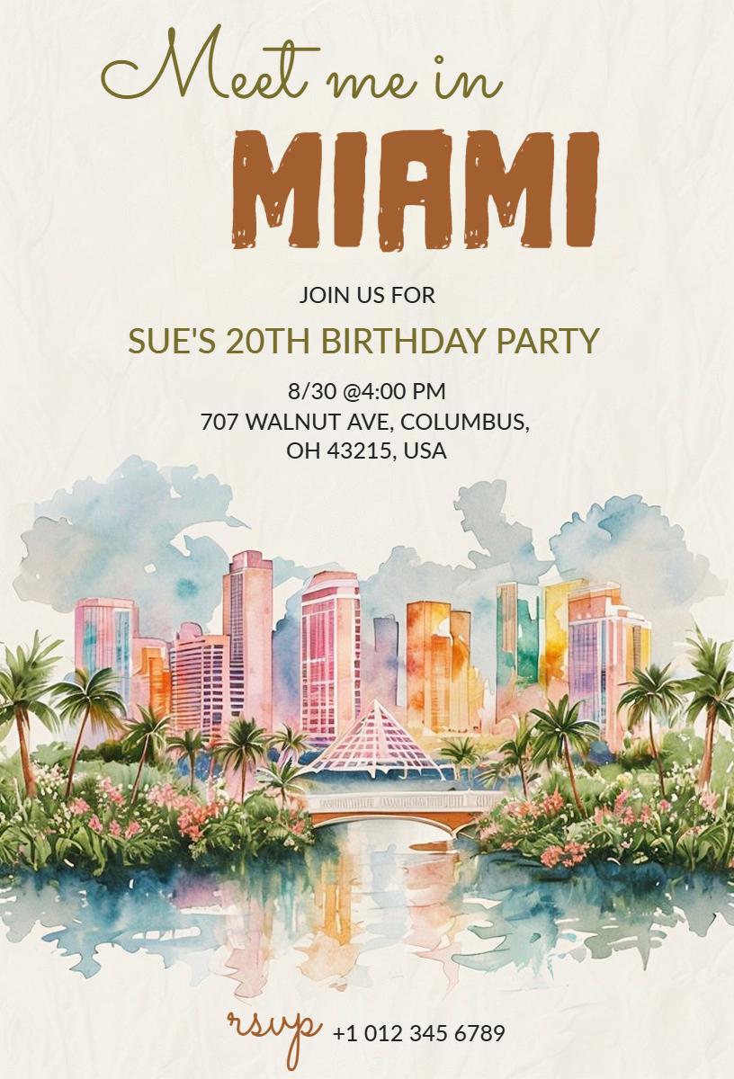 Vibrant Miami Theme 20th Birthday Celebration Invitation Template