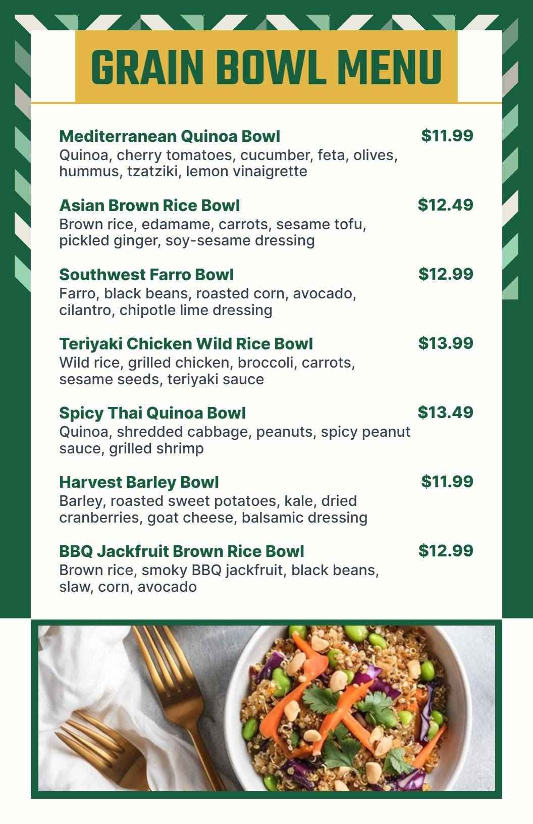 Vibrant Modern Style for Diverse Grain Bowl Offerings Menu Template