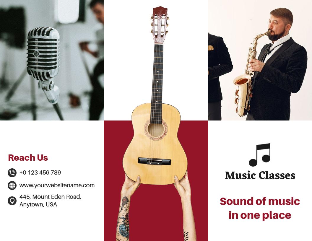 Vibrant Music Classes for Guitar, Saxophone, and Singing Brochure Template