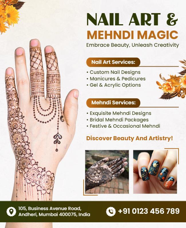 Vibrant Nail Art and Mehndi Magic Beauty Services Poster Template