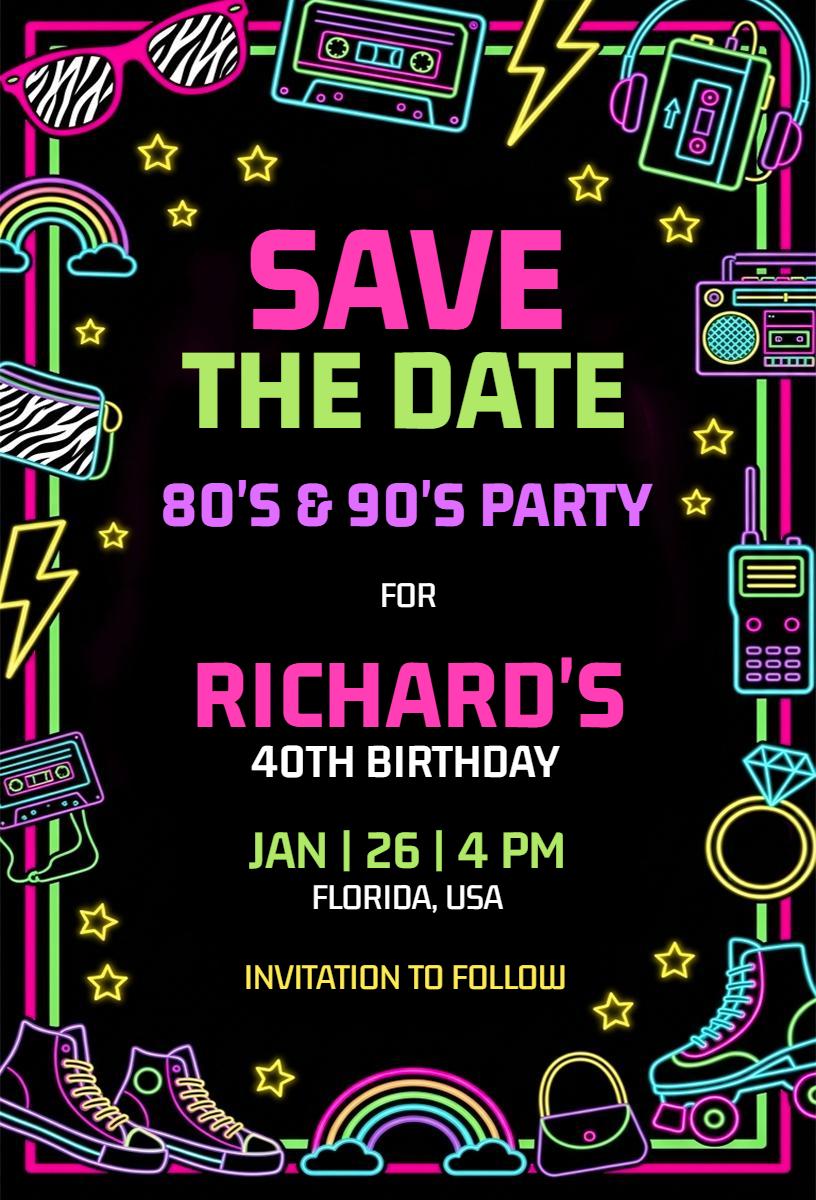 Vibrant Neon 80s and 90s Birthday Celebration Invitation Template