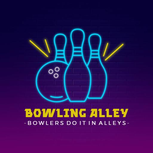 Vibrant Neon Bowling Alley Scene with Classic Pins Logo Template