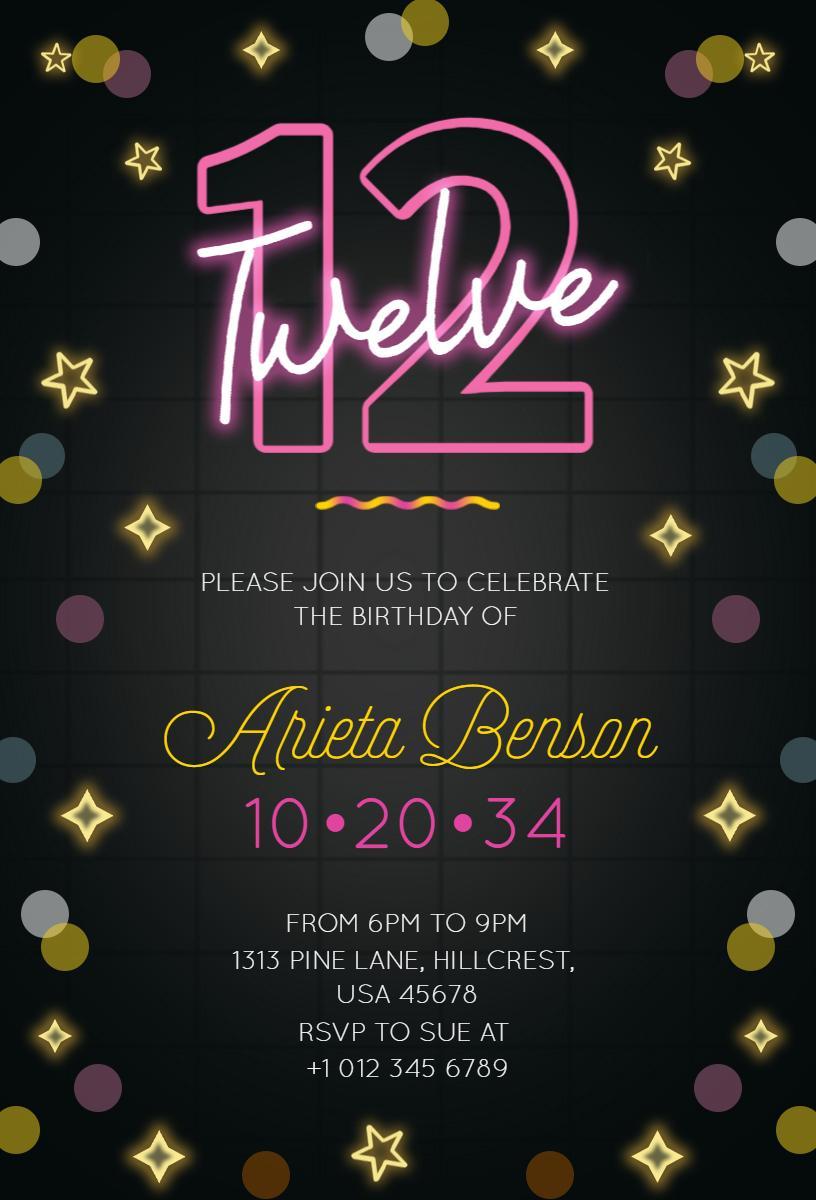 Vibrant Neon Glow Twelve Birthday Celebration Invitation Template