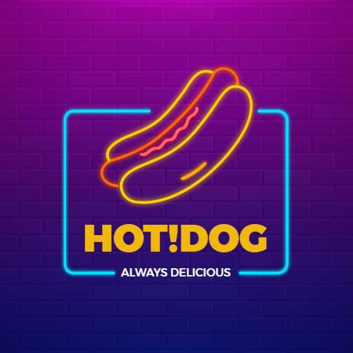 Vibrant Neon Hotdog Design Celebrating Always Delicious Treats Logo Template