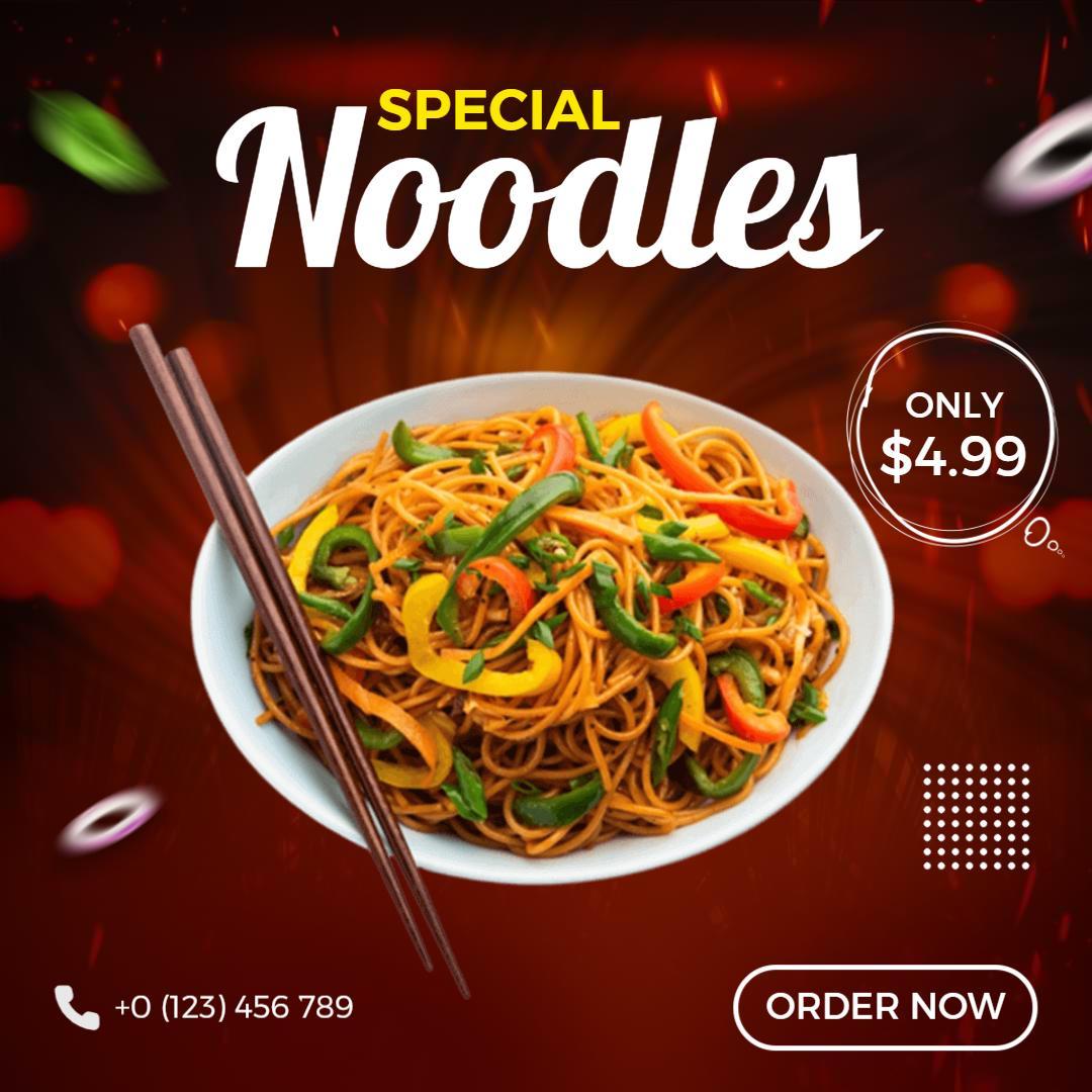 Vibrant Noodles with Colorful Peppers and Promotional Offer Ad Template