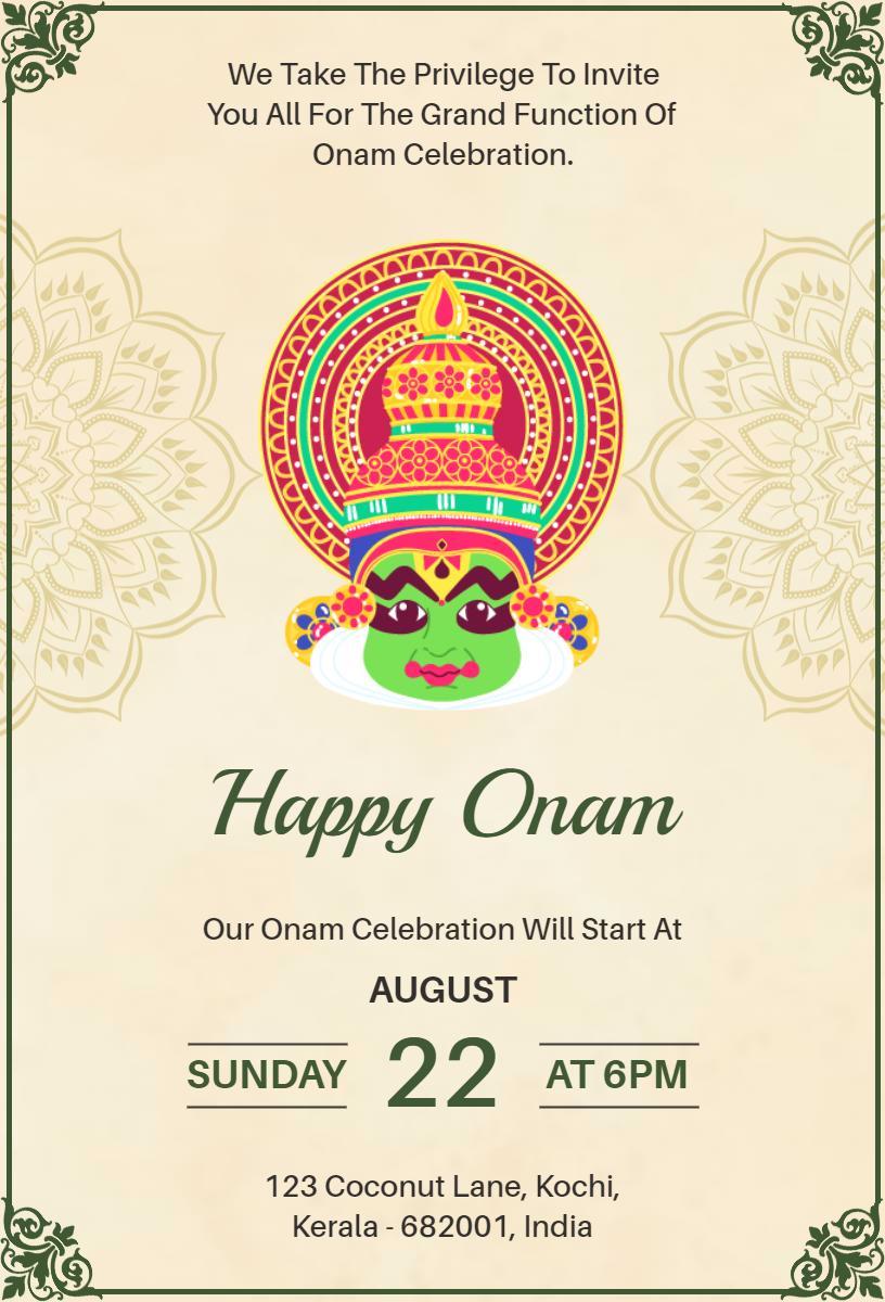 Vibrant Onam Celebration Festive Gathering Invitation Template
