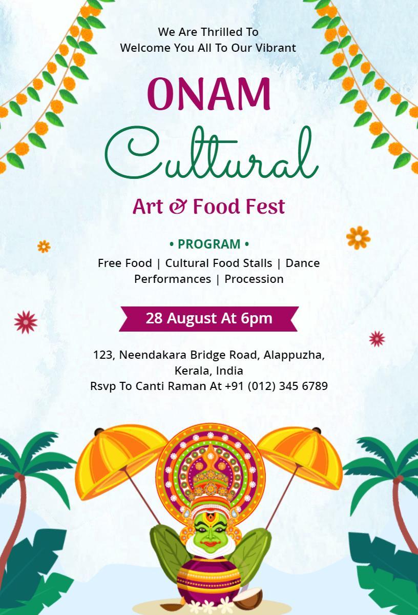 Vibrant Onam Cultural Art Food Fest Celebration Invitation Template