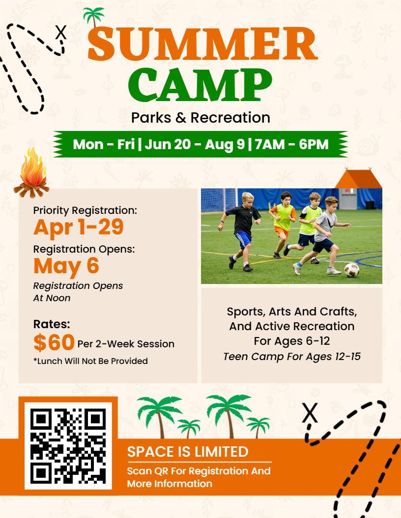 Vibrant Orange and Green Summer Camp Flyer Template