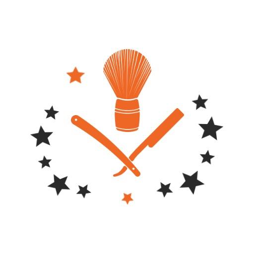 Vibrant Orange Barber Tools Surrounded by Stars Logo Template