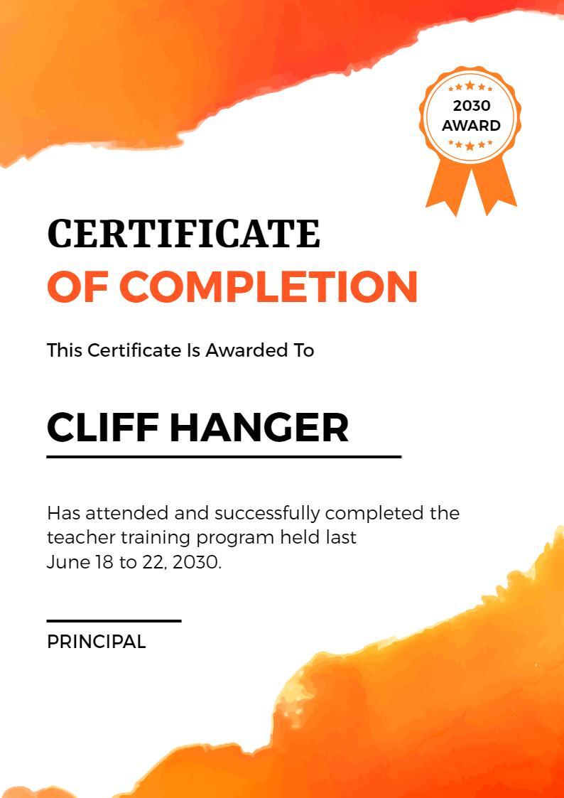 Vibrant Orange Brush Stroke Completion Training Certificate Template