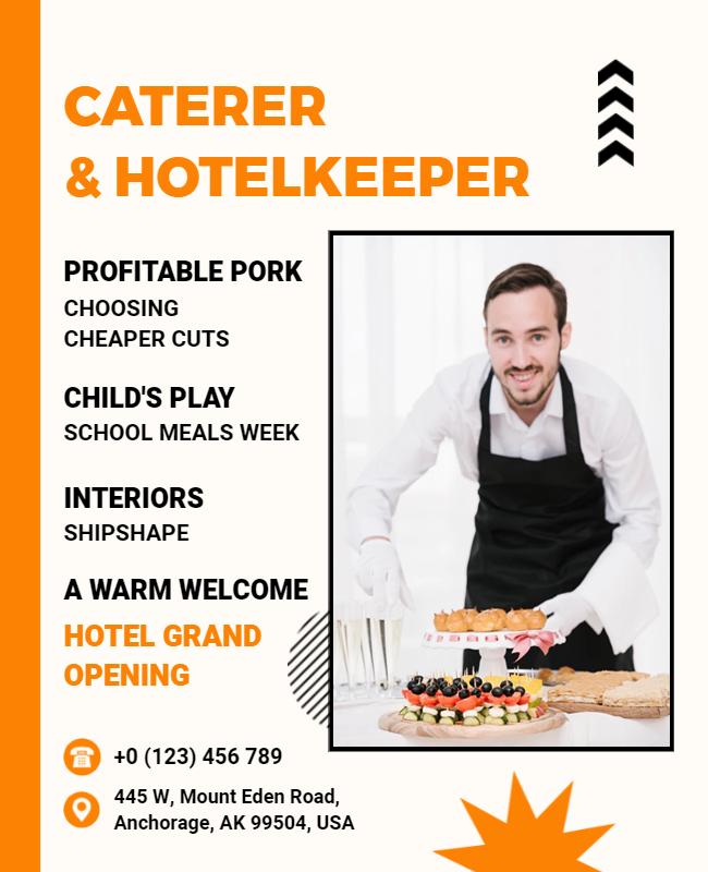 Vibrant Orange Caterer and Hotelkeeper Grand Opening Poster Template