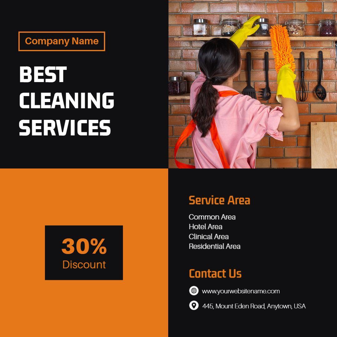 Vibrant Orange Cleaning Service Promotion with Discount Offer Ad Template