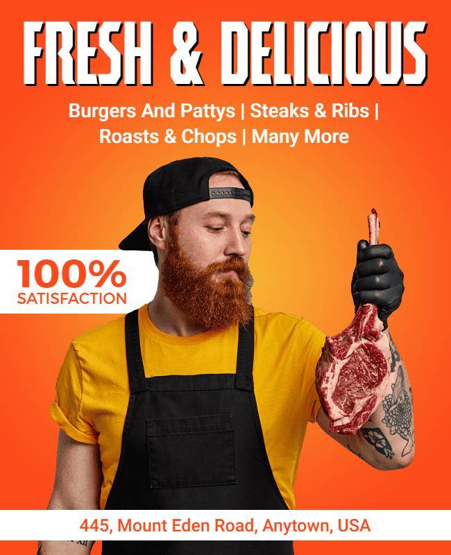 Vibrant Orange Fresh & Delicious Meat Promotion Flyer Template