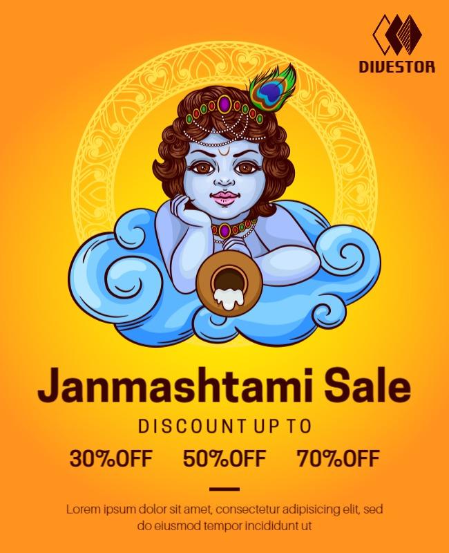 Vibrant Orange Krishna Janmashtami Sale Discount Poster Template