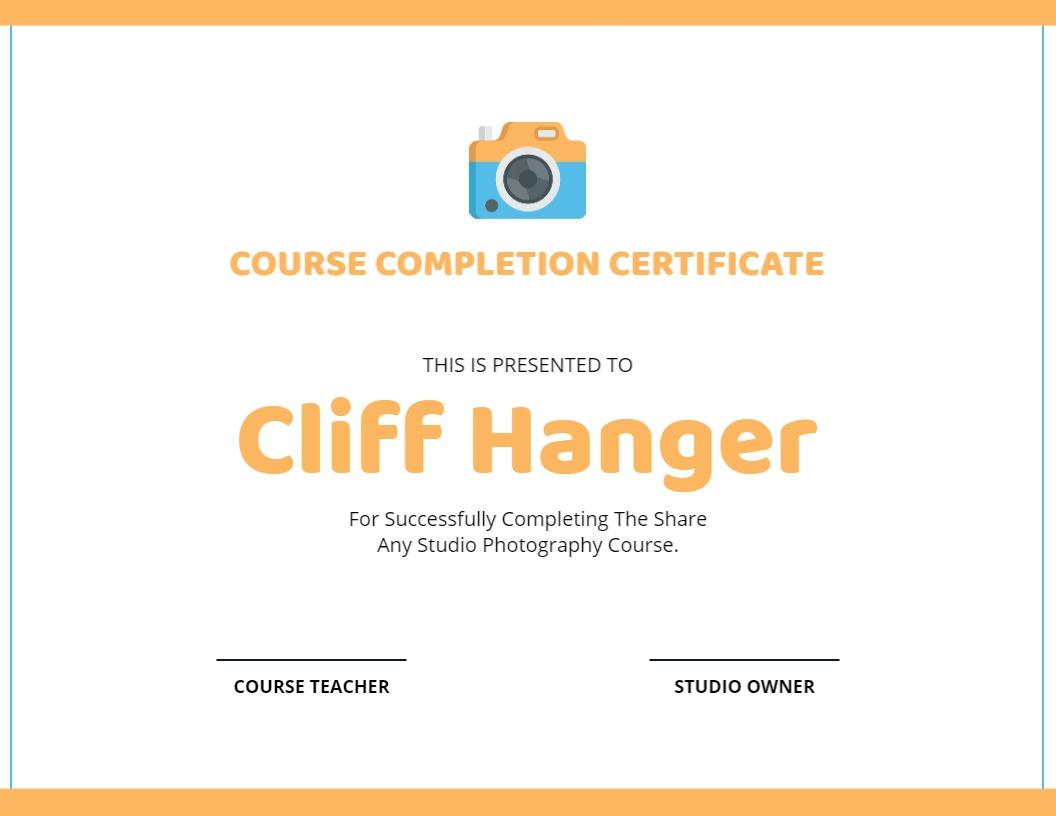 Vibrant Orange Photography Course Completion Certificate Template