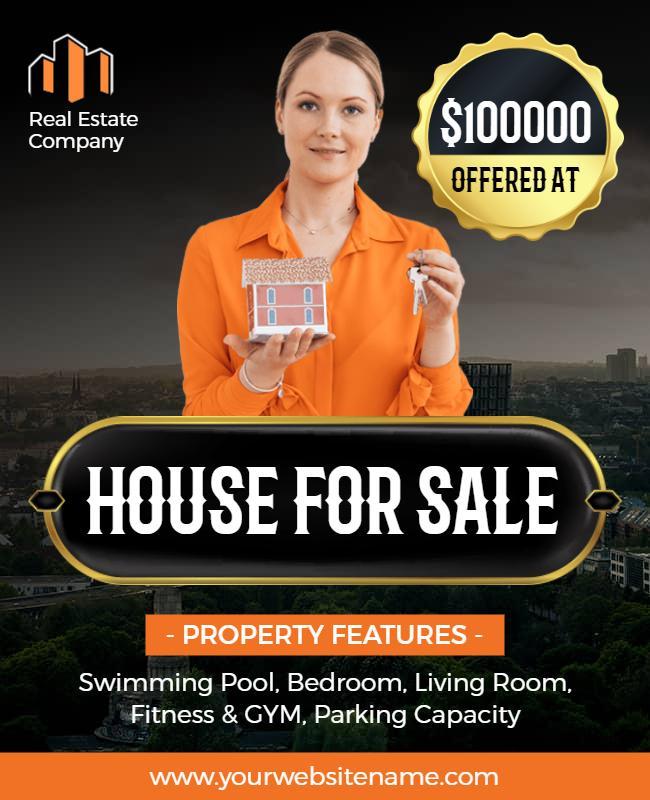 Vibrant Orange Real Estate House for Sale Poster Template