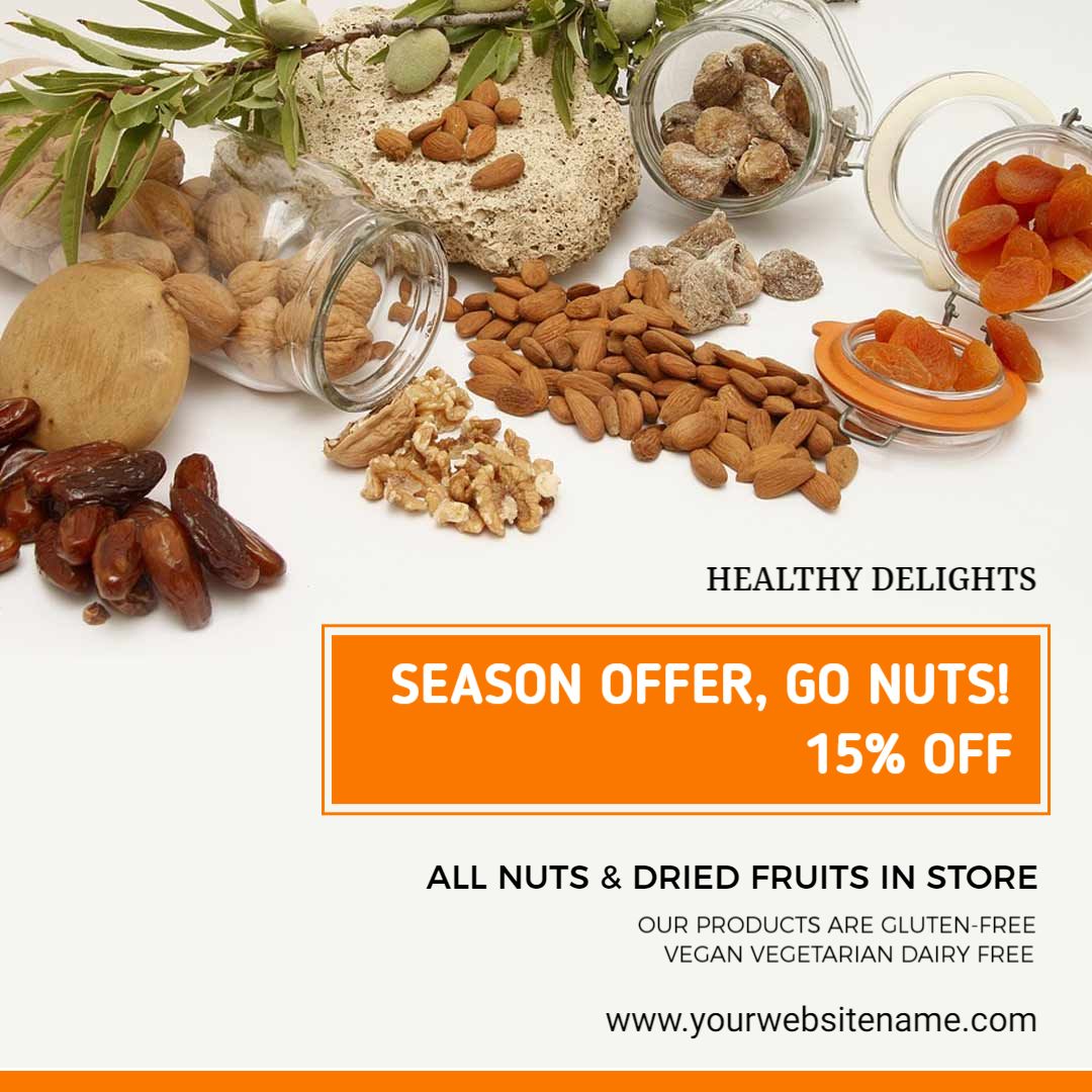 Vibrant Orange Seasonal Offer for Healthy Nuts and Dried Fruits Ad Template