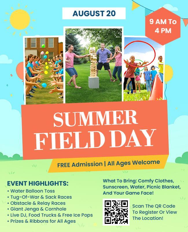 Vibrant Outdoor Summer Field Day Activities Flyer Template