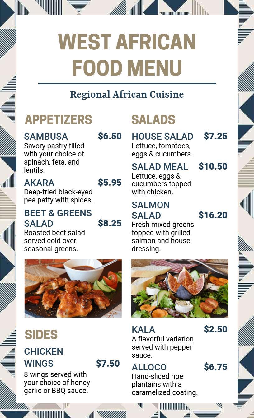 Vibrant Patterned West African Dish Selection Menu Template